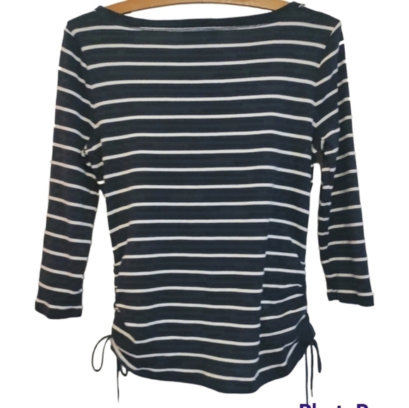 Chaps petite medium top black with white stripes tie accent on sides 3/4 sleeve - Picture 2 of 6